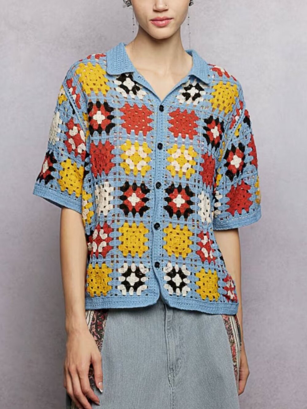POL GRANNY SQUARE SHORT SLEEVE SWEATER